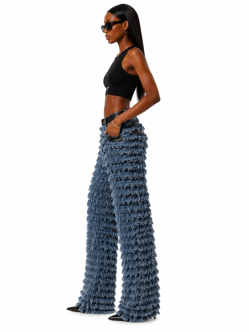 Aphrodite 07 Fringe Shaggy Denim Jeans Blue Statement Wide Leg Pants, NWT - Picture 5 of 7